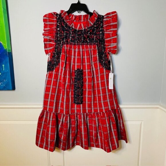 J. Marie Ruffle Neck Plaid Embroidered Tiered Mini Dress Red & Black NWT XS - Picture 2 of 10